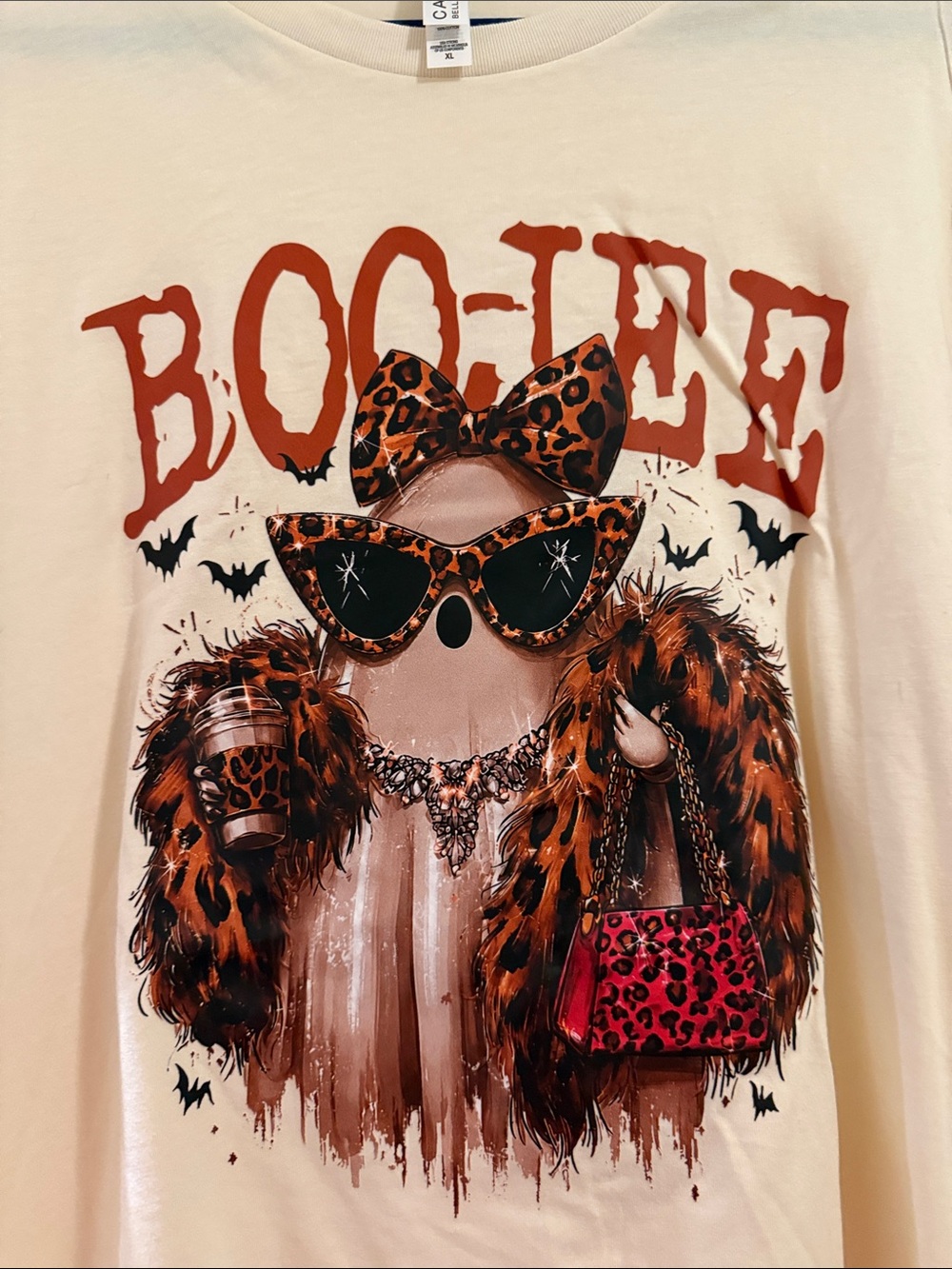 Bella Canvas CUTE HALLOWEEN Cream BOO-JEE Graphic Tee with Leopard Accents - Picture 2 of 4
